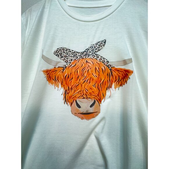 Highland Cow Graphic T-Shirt Womens 2XL White Casual Tee Crew Neck Short Sleeve - Picture 4 of 10